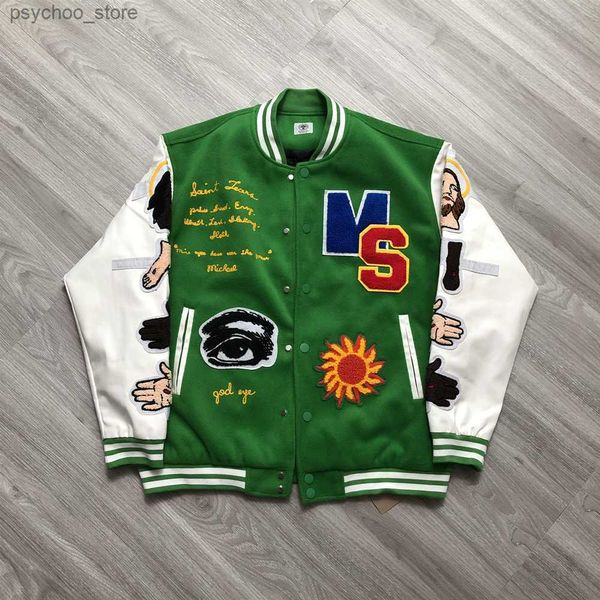 23SS High Street Saint Michael Jacke Streetwear James Jesus Stickerei Leder Baumwolle Lose Tops Baseball Uniform Mantel Q230826