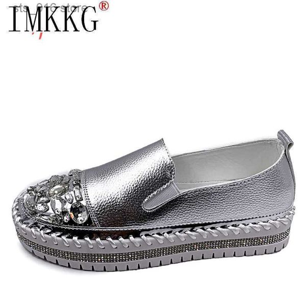 Scarpe eleganti 2021 Cristalli Punta tonda Scarpe basse in pelle Scarpe da donna Mocassini bling argento Coppia Scarpe con plateau Donna piatta con studenti Taglia 43 T230826