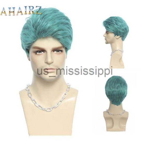 Perucas sintéticas sintéticas curtas encaracoladas perucas para homens meninos grama azul cabelo falso resistente ao calor festa anime diário cosplay peruca x0826