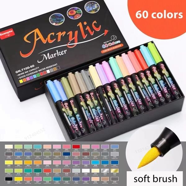 Marcadores 12-60 Cores Acrílico Paint Brush Pen Art Marker Soft Tip Pen para Cerâmica Rock Vidro Porcelana Caneca Madeira Tecido Canvas Pintura 230826