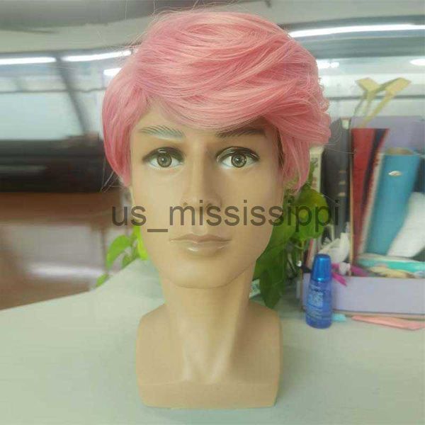 Синтетические парики Синтетические короткие розовые прямые парики с боковыми ударами для мужчин мужской косплей костюм аниме ежедневная природа фальшивые волосы устойчивые к теплу