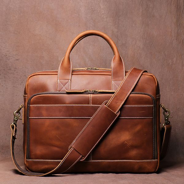 Сумки для ноутбука Leathfocus Мужские подлинные кожаные портфеи Man Vintage Messenger Bag 156 дюймов сумочка бизнес -офис A4 Документ 230823