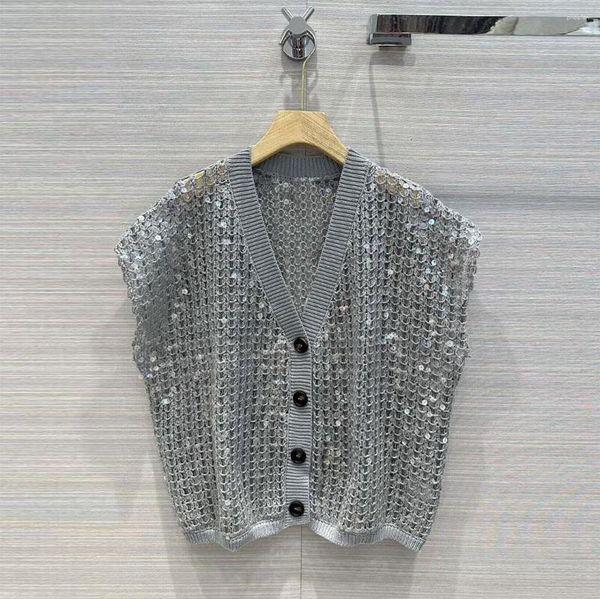 Maglieria da donna Moda di lusso Scollo a V Senza maniche Cardigan lavorato a maglia Gilet da donna Scava fuori Ricamo Paillettes Maglione monopetto lavorato a maglia grigio