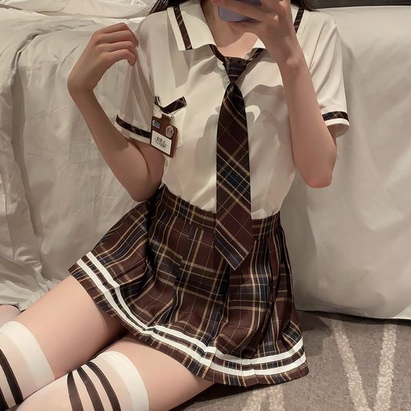 Pigiama sexy Lingerie Studente scolastico Uniforme Gioco di ruolo Costume Donna Carino Mini Gonna a pieghe Camicetta Set Porno College Girl Cosplay Anime 230825