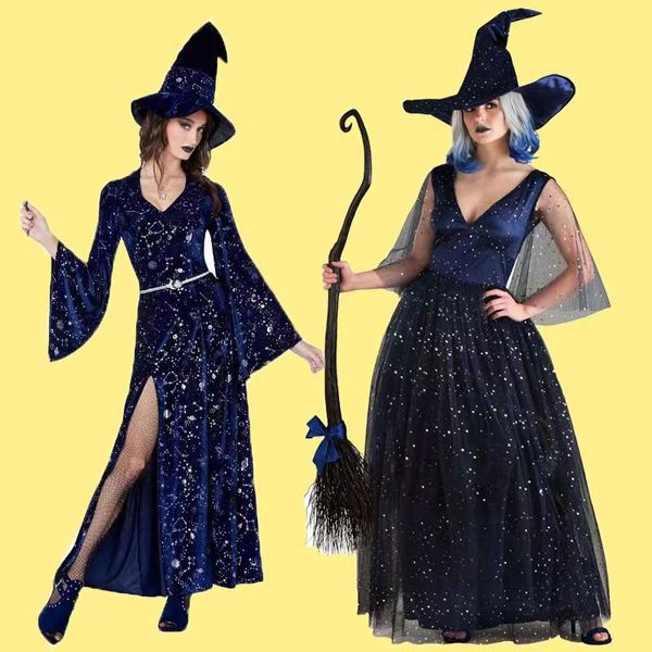 Traje de halloween adulto bruxa traje mágico demônio bruxa chapéu moda personalidade cos sexy temperamento vestido terno mais chapéu