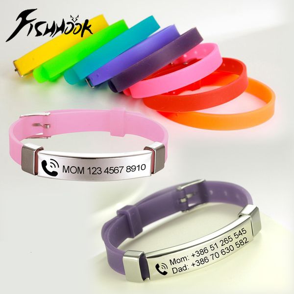 Bangle Fishhook Baby Safe Personalizado Airtag ID Pulseira SOS Nome Personalizado Seguro Soft Silicone Bangle Identidade para Kid Criança Jóias 230826