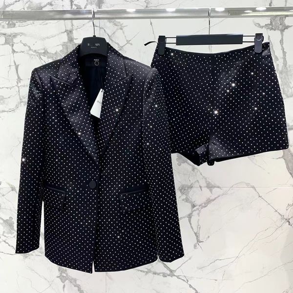 Terno feminino jaqueta + shorts 2 ternos outono inverno gola virada para baixo duplo breasted botões de metal fino blazer tweed shorts conjunto feminino