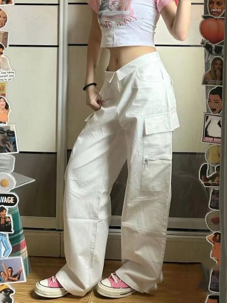 Kadın Pantolon Koreli Sıradan Beyaz Kargo Pantolon Kadınlar Y2K Street Giyim Büyük Bel Flanging Geniş Bacak Hippi Harajuku Düz Pantolon