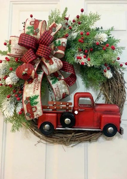 Decorações de Natal Red Truck Wreath Decoração Produto Porta Pendurada Fazenda