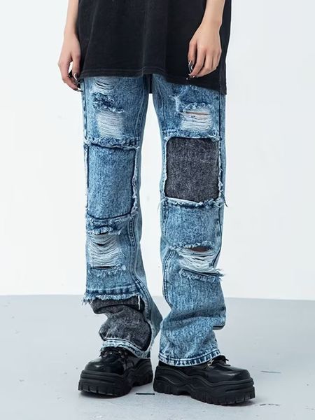 Jeans masculinos yihanke rua moda cor contraste retalhos arranhões estilo punk calças jeans na moda calças casuais; 230825
