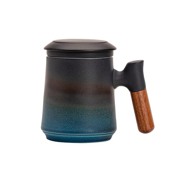 Xícara de chá YUEXUAN com infusor e tampa, copo de porcelana de 13,5 onças, caneca de chá de folhas soltas de cerâmica azul gradiente, caneca de chá com cabo de jacarandá para presentes, 17 cores