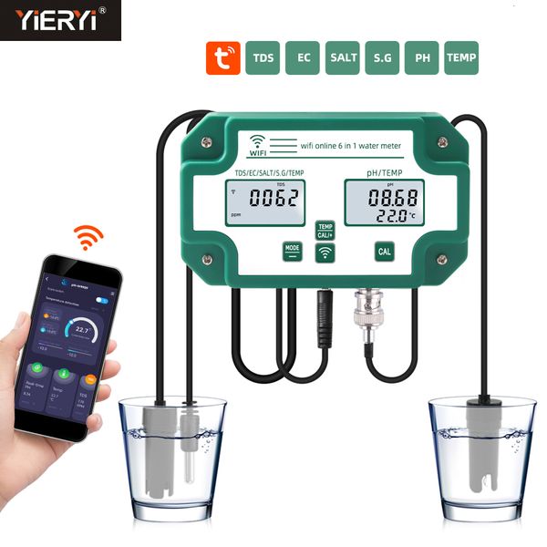 Misuratori PH Digitale WiFi PH EC TDS SALT SG.Temp Misuratore Tester della qualità dell'acqua Registratore dati Monitor intelligente 6 in 1 Controllo APP Tuya Spina USA/UE/Regno Unito 230826