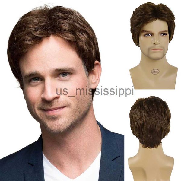 Perucas sintéticas Gnimegil perucas sintéticas para homens peruca curta com franja moda penteado marrom peruca natural corte de cabelo substituição em camadas peruca x0826