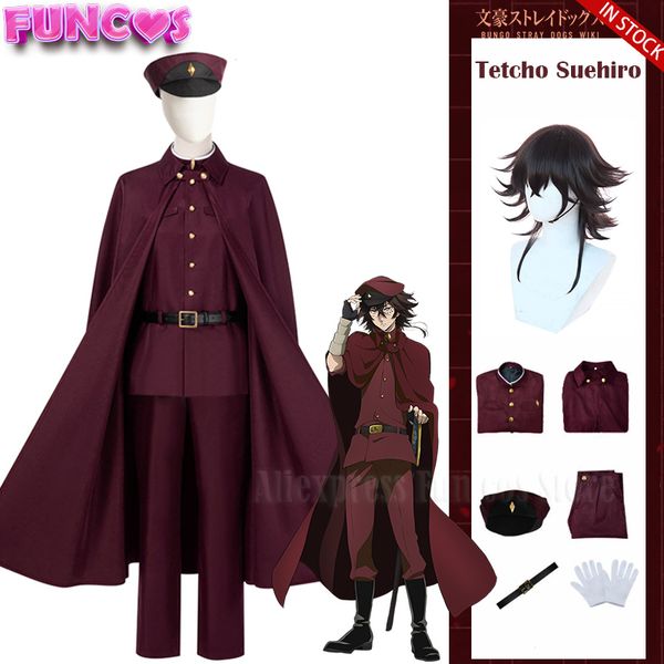 Cosplay perucas tetchou suehiro cosplay traje peruca bungo cães vadios temporada 4 cães de caça equipe uniforme vermelho cabelo marrom anime chapéu luvas manto 230826