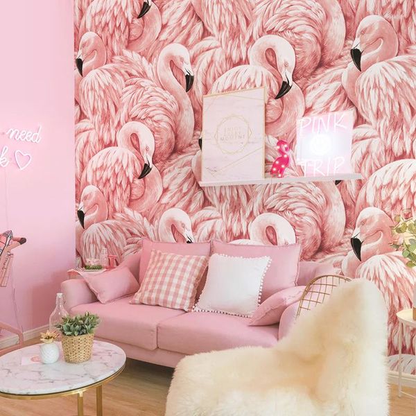 Wallpapers Nordischer Stil Rosa Tapete Flamingo Mädchen Herz Hintergrund Schlafzimmer Wohnzimmer Modernes minimalistisches Prinzessinnenpulver.