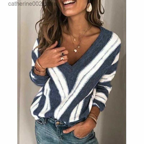 Damen T-Shirt Damen Herbst Winter Gestreift Langarm V-Ausschnitt Strickpullover Damen Lässiger Pullover Lose Pullover Tops Bluse T230826