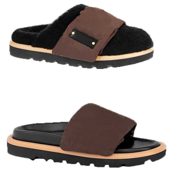 Pantoufles Piscine Oreiller Plat Confort Mule Sandales Designer Diapositives Femmes Mule Pantoufle Lady Nylon Chaussures Sangle Hommes En Cuir Sandale Coucher De Soleil Plat Semelle Extérieure En Caoutchouc Slide NO356