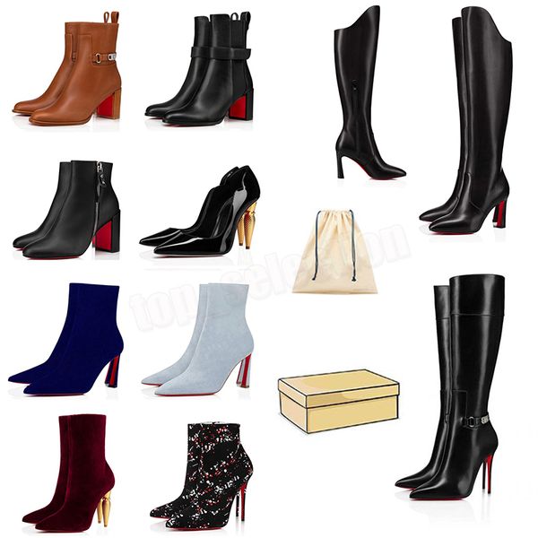 Üst tasarımcı kırmızı dipler boot moda botları diz üstü bot yüksek topuklu bayan sivri uçlu pompalar stil ayak bileği kısa patik kadın lüks marka orijinal ayakkabı