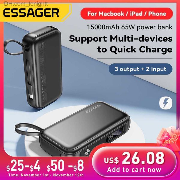 Essager 65W Portable Power Bank 15000MAH с USB C Кабельным светодиодом Digital Display Внешний запасной аккумулятор для iPhone MacBook Air Q230826