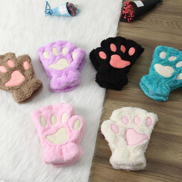 Çocuklar Mittens 1 Çifti Kış Sıcak Parmak Çekimleri Kabarık Peluş Kedi Pençe Güzel Yarım Parmak Mitten Yumuşak Pamuk Çocuk Açık Aksesuarlar Hediye 230826