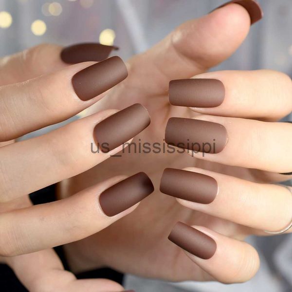 Falsas unhas chocolate marrom unhas falsas matte geada unhas completas longas unhas quadradas dicas de decoração com adesivo de cola em 10 tamanhos x0826