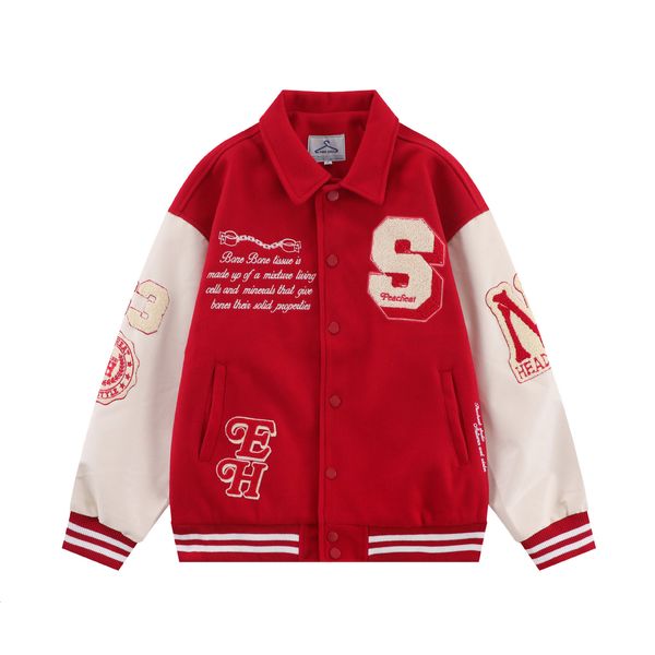 Erkek ceketler vintage beyzbol varsity ceket erkekler kadın akınlı nakış mektubu kemik patchwork pu deri kırmızı büyük boy ceket sonbahar 230826