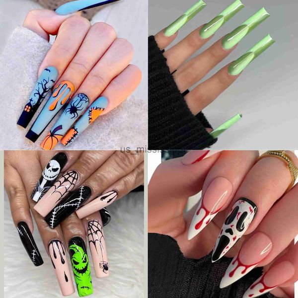 Künstliche Nägel, Halloween, lange künstliche Nägel, 24-teiliges Set, zum Aufdrücken, falsche Nagelspitzen mit lustigen Designs, künstliche Nägel, Aufkleber, vollständige Abdeckung, y2k-Nägel x0826