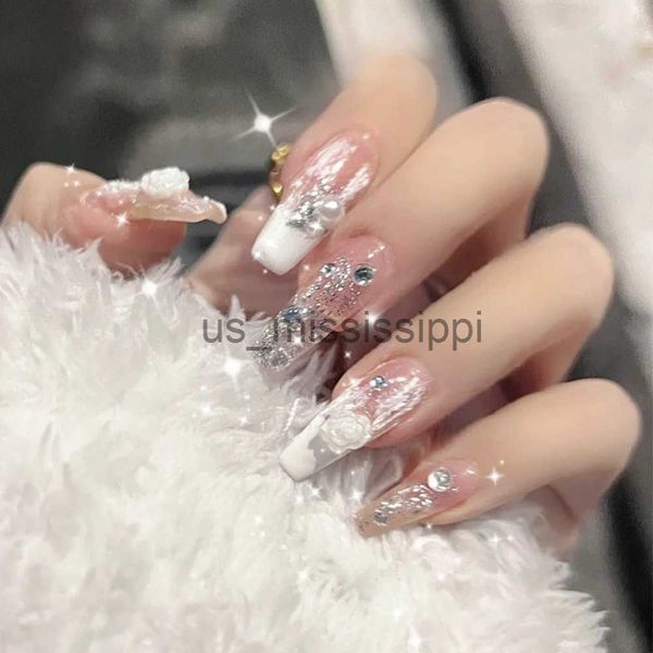 Unhas Falsas 2023 Novos Estilos Gradiente Unhas Falsas Pressione em Nail Diamond Cross Art Dicas Longas Formas Falsas com Cola Stick Adesivos Conjunto Reutilizável x0826