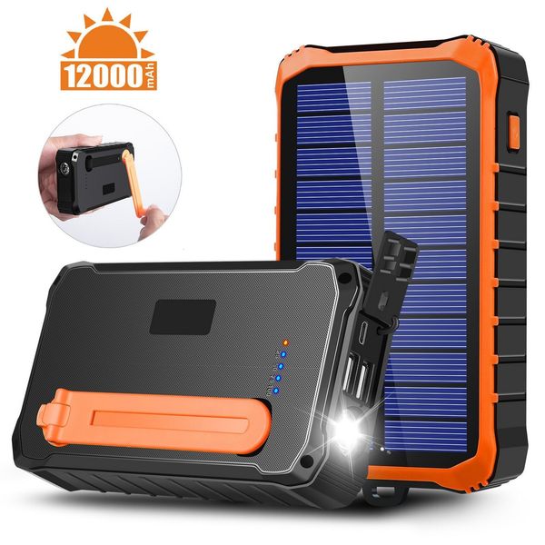 Lanternas Tochas 12000mAh Manivela Solar Power Bank Carregador Portátil Powerbank LED Lanterna Ao Ar Livre Ferramentas de Luz de Emergência 230826