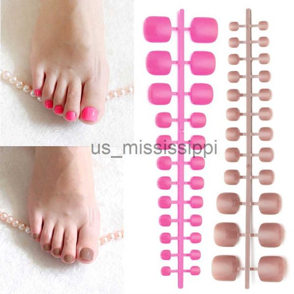 Unhas Falsas 24 PCS Cor Pura Cobertura Completa Toe Falso Prego Francês Curto Cabeça Redonda Pés Rosa Unhas Falsas Adesivo Artificial Macio Pé Unhas Dicas X0826