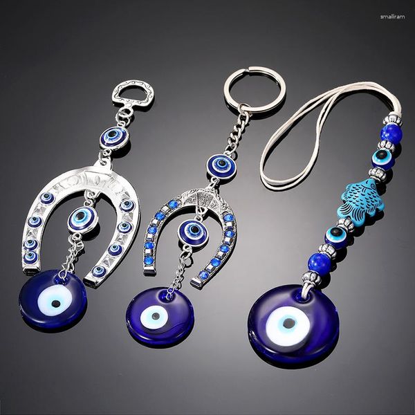 Schlüsselanhänger Blue Evil Eye Hufeisenform Charme Schlüsselanhänger Schlüsselanhänger für Frauen Männer Glas Vintage Fisch Glücksperle Tasche Autoschlüssel Anhänger Schmuck