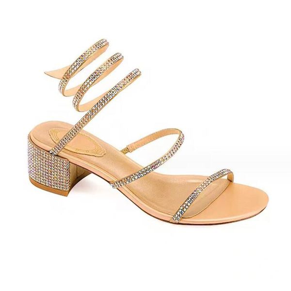 Nuovo con scatola Moda oro cristallo donna sandali con tacco alto fascia stretta sandalo romano sandalo gladiatore estivo scarpe da festa di nozze ragazze