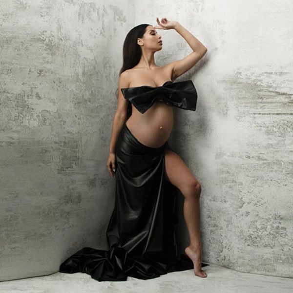 Vestidos casuais moda duas peças preto arco cetim mulheres grávidas vestido para pogal sexy mini top e saia lateral fenda conjuntos de maternidade