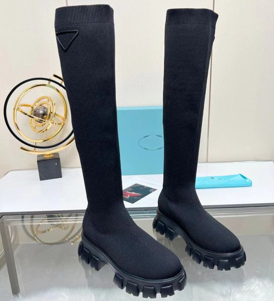 Botas altas de malha elástica botas de designer de moda mulheres sola grossa dentes casuais cor sólida de alta qualidade sapatos de festa de fábrica slim fit meias bota 35-41