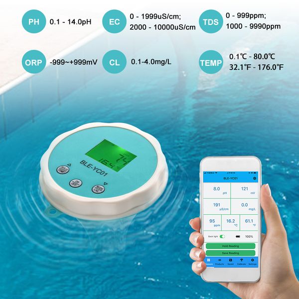 Medidores de PH 6 em 1 Detector de qualidade da água PH EC TDS ORP Temperatura Cloro Multi-função Testador de água APP Visualização remota Medidor de qualidade da água 230826