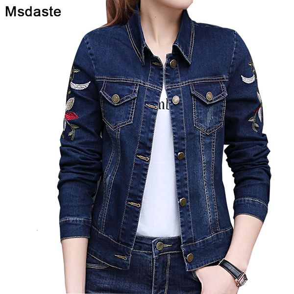 Kadınlar kot ceketi harmanlıyor Sonbahar çiçek nakış vintage kadın uzun kollu rahat paltolar ve üst kadın mavi kısa denim 230826