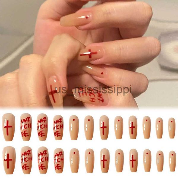 Unhas Falsas 24 Pcs Unhas Longas Coração Azul Simples Pó Transparente Broca Completa Unhas Falsas Sangue Cruz Vermelha Halloween Cobertura Completa X0826