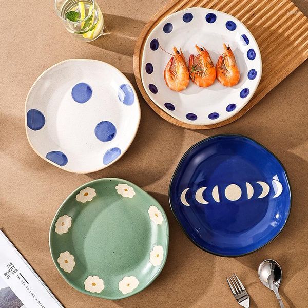 Pratos Japonês Criativo Pintado à Mão Polka Dot Margarida Cerâmica Placa Profunda Lua Estrela Bife Flat Handmade Salada Jantar