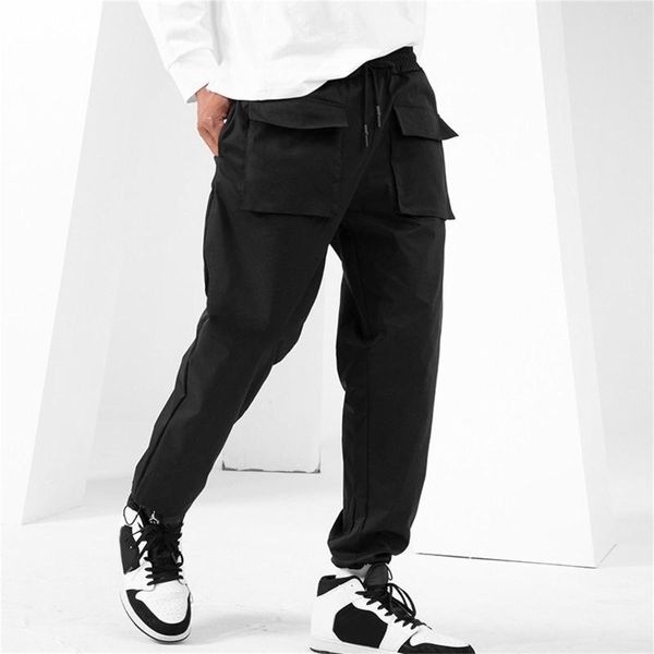 Herrenhose, elastische Taille, Cargo-Stil, Vintage-Stil, einfarbig, Kordelzug, Overalls, lässig, Tasche, Sport, Arbeit, Streetwear-Hose