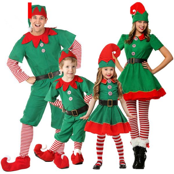 Thema Kostüm Erwachsene Kinder Familie Weihnachten Kostüm Frauen Männer Santa Claus Weihnachten Jahr Party Cosplay Outfits Jungen Mädchen Grün Elf kostüm 230825