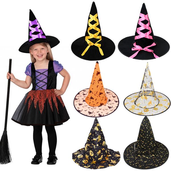 Mochilas Chapéu de Halloween Criança Adulto Masquerade Dress Up Fita Wizard Traje Festa de Aniversário Bruxas Top Pontiagudas Caps Cosplay Adereços 230825