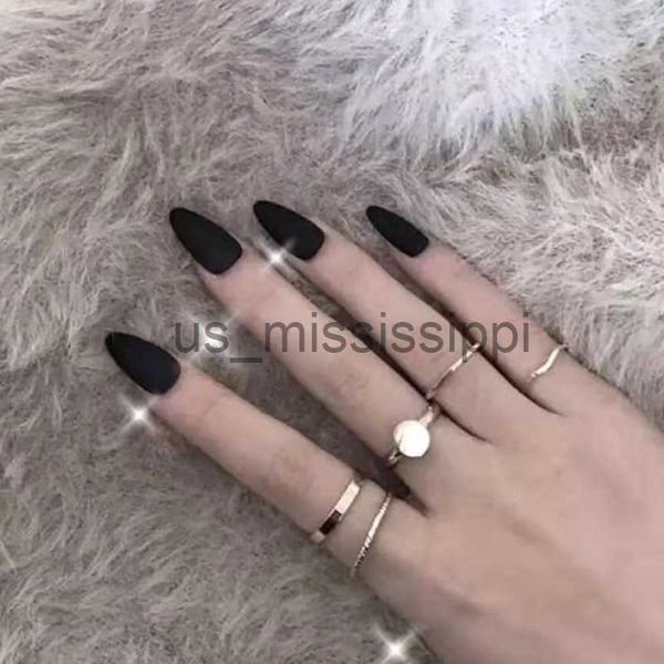 Unhas Falsas 24 Pcs Matte Fosco Preto Falsificado Unhas Destacáveis Cor Sólida Longa Oval Ultra Fina Unhas Falsas com Fita Adesiva Cola Adesivo X0826