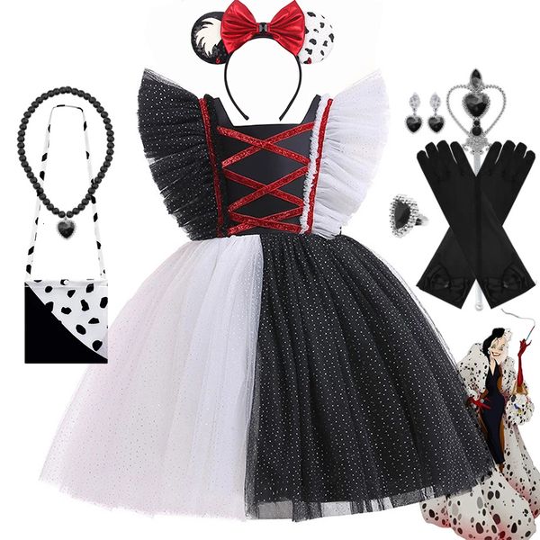 Cosplay Halloween Film Böse Cruella Mädchen Kostüm Kinder Maskerade Party Schwarz Weiß TuTu Kleid Kopfbedeckung Karneval 230825