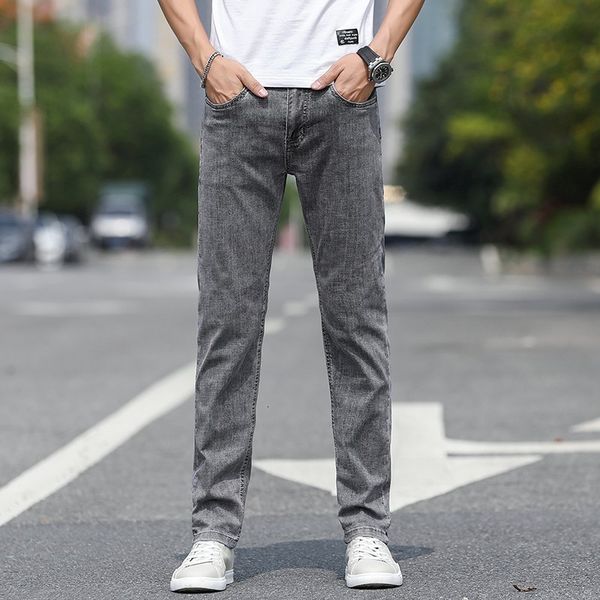 Jeans da uomo Mid Softener Dritto di peso medio Lunghezza intera Casual Solid Blu Grigio Denim Uomo Cerniera Pantaloni slim 230825