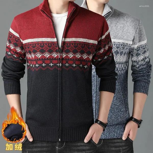 Herrenpullover Herbst Winter Männer Pullover Strickjacke Plüsch Hoodies Dicke Streifen Fleece Wolle Lässige Kalte Jacke Hochwertige männliche Kleidung