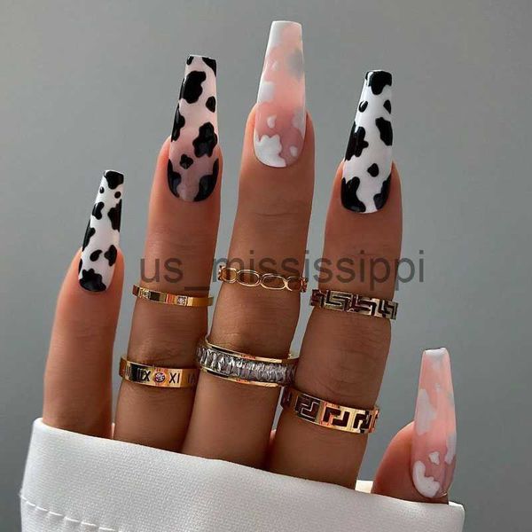 Unhas Falsas 24 Pçs / Set Unhas Postiças Longo Preto Branco Vaca Padrão Caixão Unhas Falsas com Adesivo Acrílico Bailarina Prego Acessório Arte Dicas Completas X0826