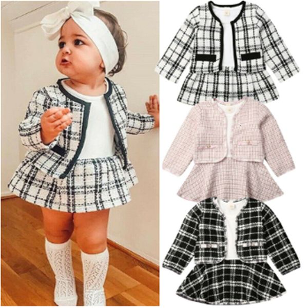 Conjuntos de roupas 2 pcs outono inverno primavera festa bebê meninas roupas xadrez casaco topstutu vestido formal outfits apto para 06 anos 230825