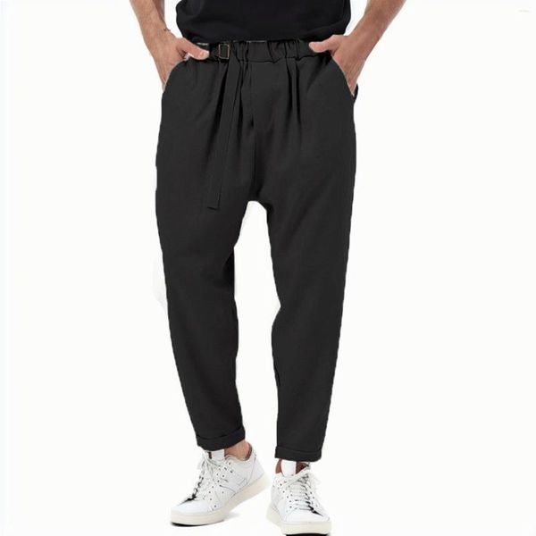 Calças masculinas homens cor sólida casual cintura elástica haren pant solto sweatpants trabalho coreano fino ajuste calças pantalons homme