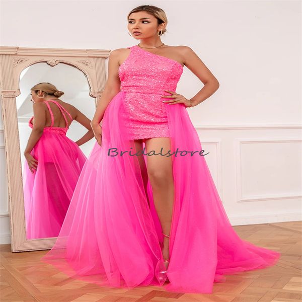 Abito da sera di lusso con paillettes rosa caldo con strascico staccabile 2 in 1 abito da ballo alto basso 2023 una spalla corta blu royal cocktail party vestios de fiesta robes de soiree