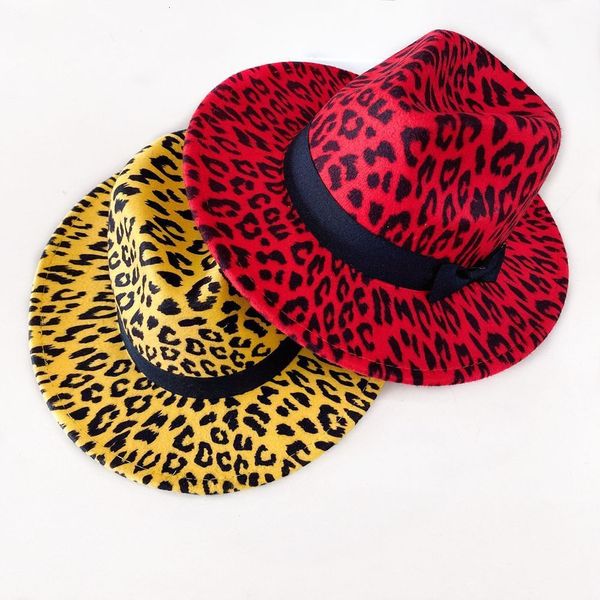 Ampla borda chapéus balde leopardprint fedora chapéu twocolor cinto acessórios panamá sentiu senhoras jazz igreja homens 230825